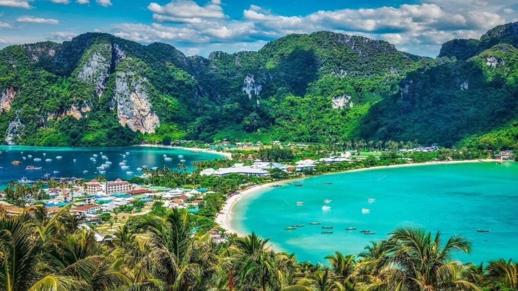 Travel vacation background - Tropical island with resorts - Phi-Phi island, Krabi Province, Thailand